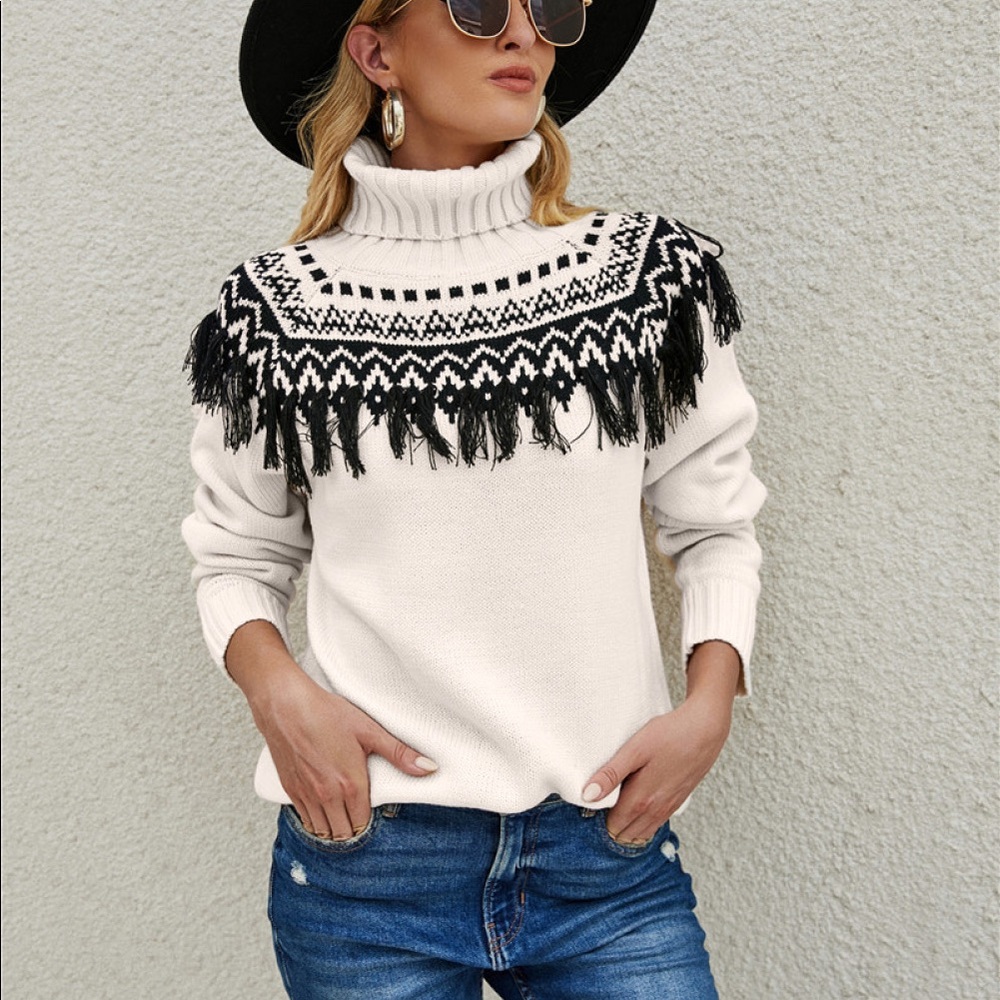 FAIR ISLE TURTLENECK FRINGE SWEATER